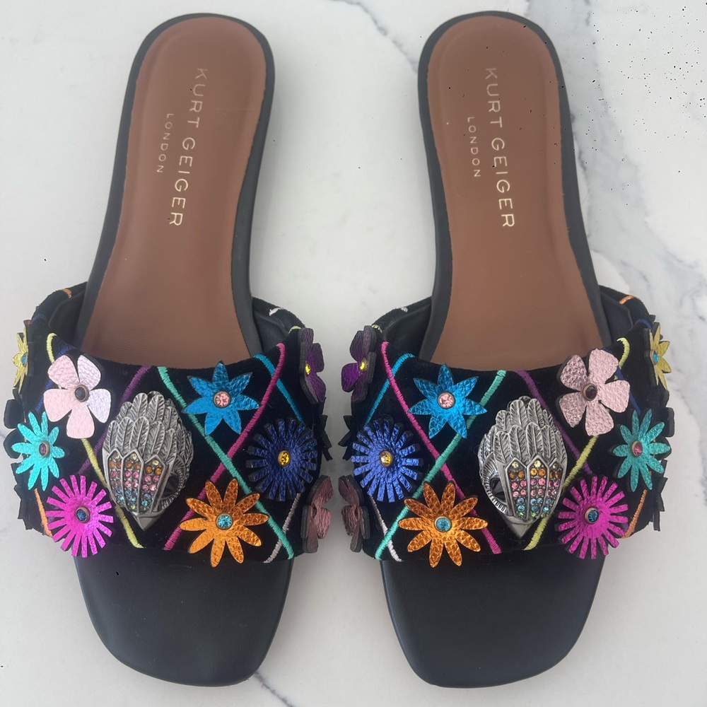 Kurt Geiger Black Floral Embroidered Mules